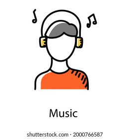 Boy with headphones denoting doodle icon of listening music