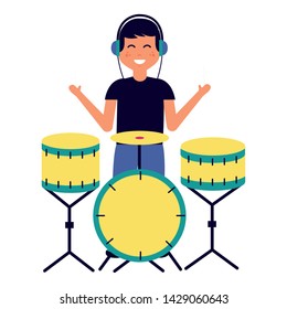boy with headphones and drums listening music vector illustration