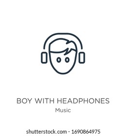 Boy with headphones icon. Thin linear boy with headphones outline icon isolated on white background from music collection. Line vector sign, symbol for web and mobile