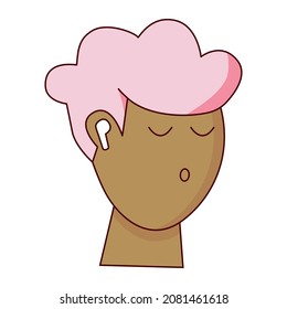 Boy with headphones isolated on white background. Nice guy with pink hair listening to music. Vector illustration.