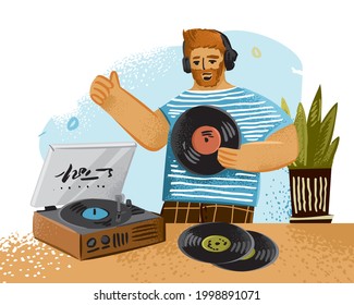 Boy with headphones is listening to music and holding a vinyl record in his hands. Banner concept about the love of music. Creative hobby. Trending vinyl record player. Cartoon vector illustration.