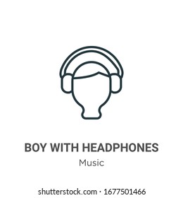 Boy with headphones outline vector icon. Thin line black boy with headphones icon, flat vector simple element illustration from editable music concept isolated stroke on white background