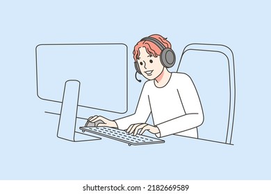 Premium Vector  A young man uses a headset and play station to playing games  online gaming oneline drawing