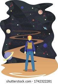 A boy in headphones stands on a path into outer space filled with planets, nebulae and notes