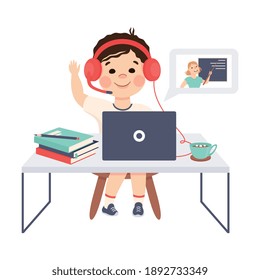 Boy in Headphones Studying Online Using Computer and Raising His Hand to Answer, Distance Lesson, Homeschooling Concept Cartoon Style Vector Illustration