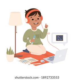 Boy in Headphones Studying Online Using Computer, Distance Lesson, Homeschooling Concept Cartoon Style Vector Illustration