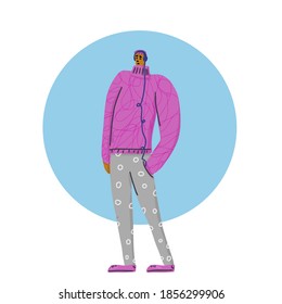 Boy with headpnones. Young adult character standing  and listen to music with his earphones. Vector flat illustartion.