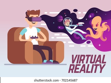 Boy with headset playing virtual 3d reality simulation game. Digital entertainment vector concept. Innovation play device, illustration of vr cyberspace