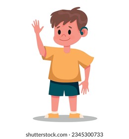 Niño con ilustración vectorial de audífono. Caricatura aislada lindo niño discapacitado con dispositivo coclear en la oreja parado y ondeando, niño sordo usando equipo médico para cuidado de sordera para escuchar sonidos.