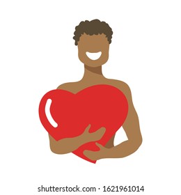 Boy with heart isolated on white background. African Valentines Day vector illustration. Flat design elements for greeting card, sticker, leaflet, booklet.