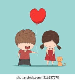 Boy heart-shaped balloons gives Girl and cat, cute Valentine's Day card, , drawing by hand vector