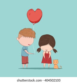 Boy heart-shaped balloons gives Girl and cat, cute Valentine's Day card, , drawing by hand vector