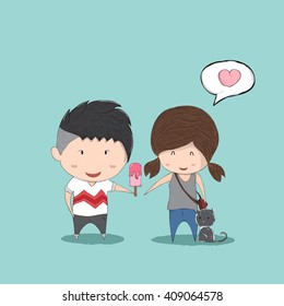 Boy heart-shaped Ice cream gives Girl and cat, cute Valentine's Day card, drawing by hand vector