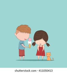 Boy heart-shaped Ice cream gives Girl and cat, cute Valentine's Day card, drawing by hand vector