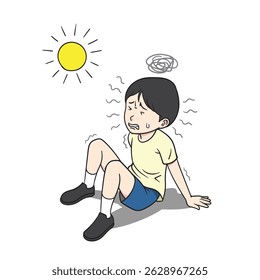 Boy With Heatstroke In Hot Summer White Transparent, vector illustrator.