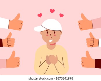 Boy held both hands on her chest and felt good to be appreciated. Illustration about appreciated.