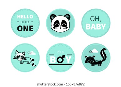 It's a boy. Hello little one. Oh, baby. Cute  vector stickers with cartoon animal characters. Panda bear, raccoon and skunk.