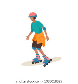  A boy in a helmet and protective gear rides on rollers. Vetor cartoon character illustration.