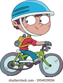 boy with a helmet rides a bicycle