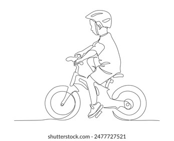 Boy in helmet ridinghildren bicycle. Side view. Continuous line drawing. Black and white vector illustration in line art style.