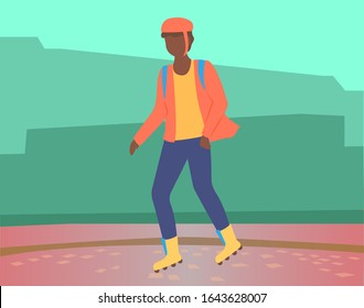 Boy in helmet and yellow roller skates spend time actively. Teenager skating on smooth floor alone. Teen has active and extreme hobby. Person on green background. Vector illustration in flat style