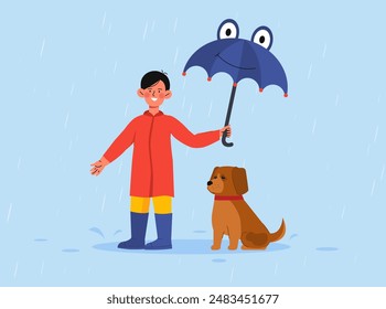 Niño perro de ayuda en la lluvia. Escolar con paraguas salva a mascota de la lluvia. Generosidad y amabilidad. Amar y preocuparse por las personas sin hogar y los animales domésticos. Ilustración vectorial plana