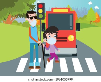 Boy Helping A Blind Man Crossing The Road Cartoon 2d Vector Concept For Banner, Website, Illustration, Landing Page, Flyer, Etc.