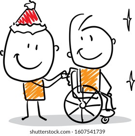 Boy helping friend in a wheelchair.
Boyl hand drawn doodle line art cartoon design character - isolated vector illustration outline of man