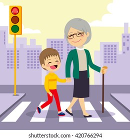 Boy Helping Grandmother Crosswalking Street Holding Hands