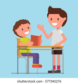 boy helping his brother in the study. vector illustration. flat style