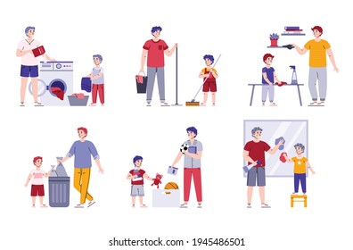 Boy helping his father with household, cartoon vector illustration isolated.