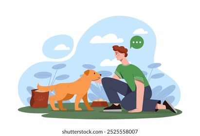 Boy helping homeless dog. Young guy at street give bowl of feed puppy. Care about pets and domestic animals. Charity, generosity and kindness. Flat vector illustration isolated on white background