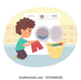 Boy helping with laundry. Kid helps taking clothes from washing machine in bathroom vector illustration. Putting shorts into basket, open door of machine. Bathroom interior design.