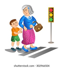 Boy Helping Old Lady Cross The Street. Vector Illustration