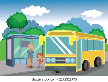 Boy Helping Old Uncle Bus Stop Stock Vector (Royalty Free) 2172321975 ...