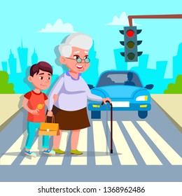Boy Helping Senior Woman Crossing Street Vector Drawing. Grandmother With Teenage Grandchild Crossing Road. Traffic Pedestrians Rules. Cartoon Characters Walking Across Crosswalk Flat Illustration