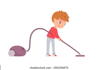 Niño ayudando a limpiar el vacío. El niño ayuda a limpiar el suelo en la ilustración del vector del hogar. Un niño pequeño y feliz con las manos limpias aisladas en el fondo blanco. Actividades domésticas.