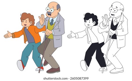 Boy helps an elderly man cross street. Funny people. Illustration concept template for website, web landing page, banner, presentation, social, poster, promotion or print media.