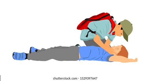 Boy helps friend in unconscious drowning. Car accident victim. Paramedic rescue patient first aid vector illustration. Snake attack rescue team. Fire victim evacuation. Health care training dead body.