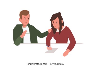 Boy Helps Girl To Write Essay Or To Do Homework Isolated On White Background. Students Or Pupils Preparing For School Test Or University Examination Together. Flat Cartoon Vector Illustration.