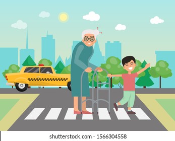 Boy helps to grandma across the road vector illustration. Little child and grandmother on the crosswalk. Boys helping to old people