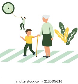 a boy helps a grandmother cross the street, empathy, helping others concept, hold time to cross, flat design illustrations for website and banner 