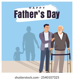 A boy helps his father walk. Silhouette of a father holding his son. Father's Day concept. Flat vector illustration.