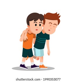 a boy helps his injured friend to walk