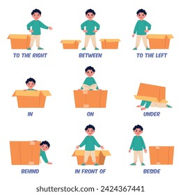 Boy helps to learn english prepositions. Child playing with cardboard box, different positions relative to object, grammar, language studying, cartoon flat style isolated vector set