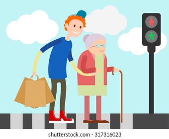 Boy Helps Old Lady Crossing Road. Flat Illustration Of People Kindness