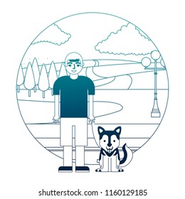 boy with her siberian dog in the street park