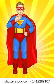 Boy in hero costume, super power kid in red cape with surprised oops face expression covering mouth with hand. Child imagination. Vector Illustration on yellow background, retro pop art style
