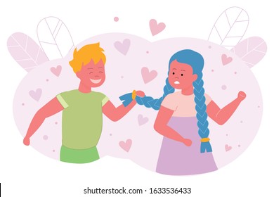 Boy Hesitates and Pulls Pigtail Girl, Cartoon. Beautiful Girl Clenched her Fists and Looks at Guy who is Standing Behind and Pulling her Hair. Child Experiences in Romantic Feelings.