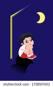 The boy hide behind the door with fear and loneliness. 